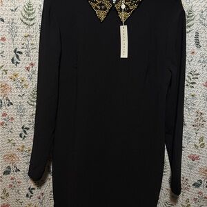 Trina Turk Black Dress with Gold Beaded Leopard Collar size 10 petite